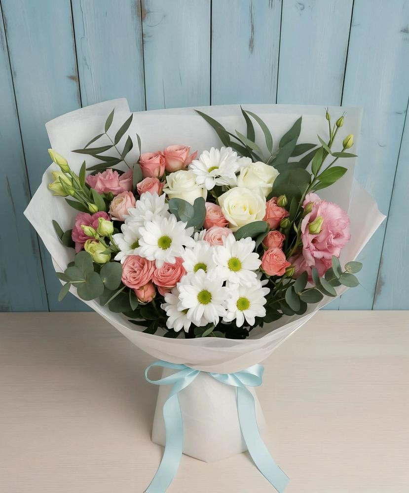 Букет цветов из: Розы, Лизиантусы и Хризантемы в Макушино