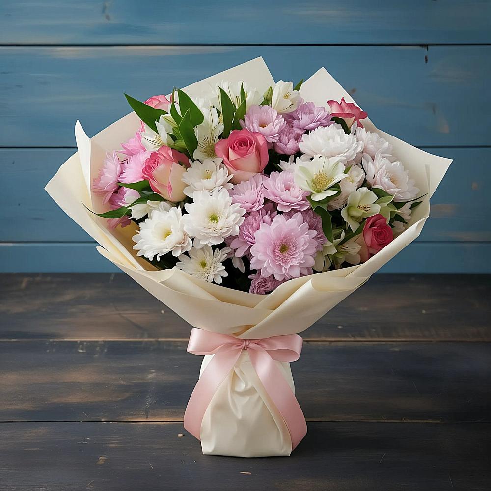 Букет цветов из: Хризантемы, Альстромерии и Розы в Макушино